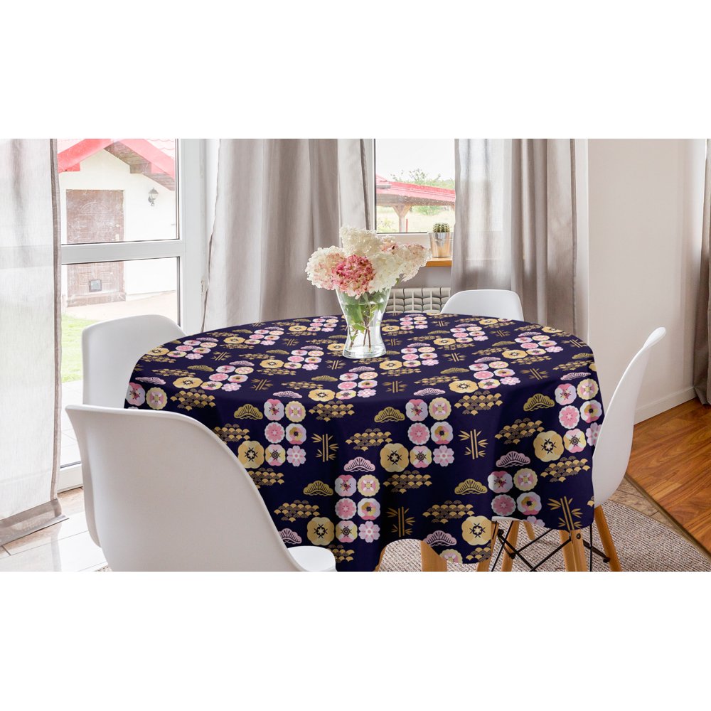 Asian Round Tablecloth, Japanese Art Inspired Sakura Flowers Clouds and Waves Cultural Vibes