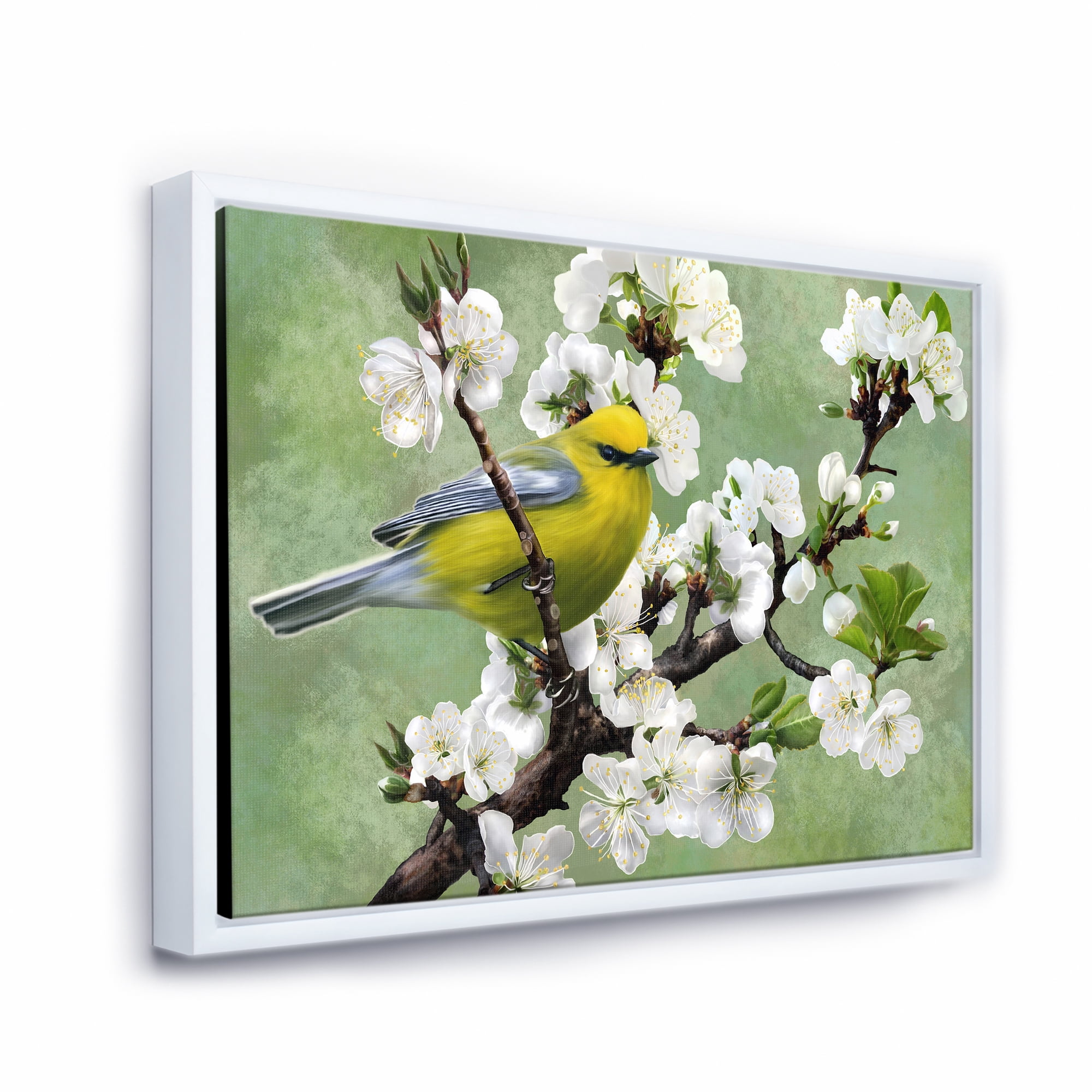 Designart 'Bird Sitting On A Branch of Cherry' Traditional Framed Canvas Wall Art Print