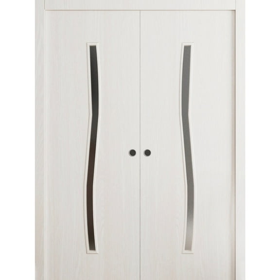 Sliding French Double Pocket Doors 36 x 80 in - LUNO 2003 Ash - Kit Rail Hardware - Solid Wood Interior Bedroom Modern Doors