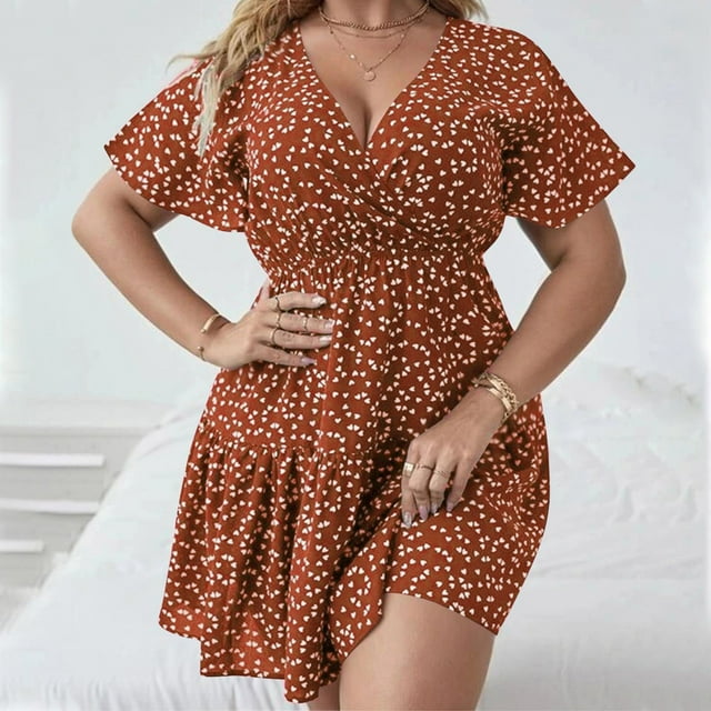 Robes pour Femmes 2024 Femmes Grande Taille Imprimé Taille Élastique Col en V Manches Courtes Robe en Liquidation