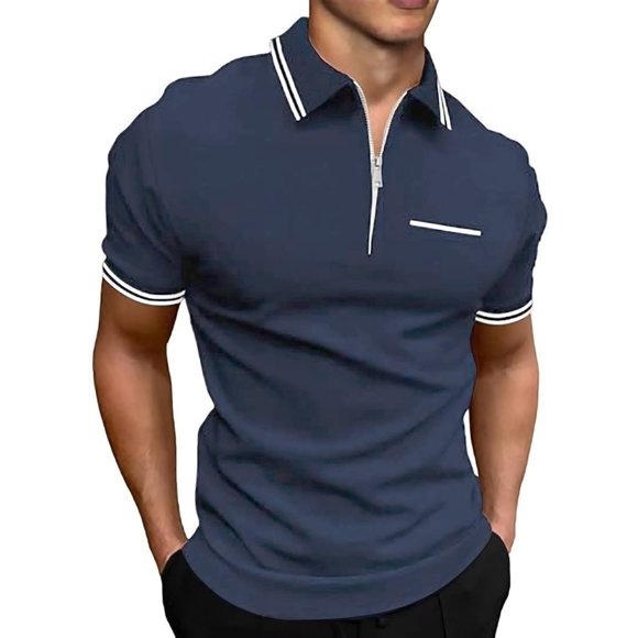 Men'S 1/3 Zippered Retro Fashionable Short Sleeved T Shirt Men T Shirts Navy L