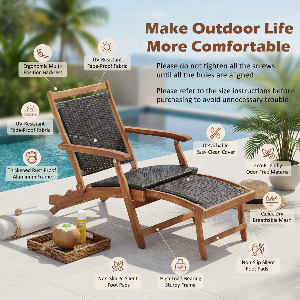 Hommoo 2-Piece Foldable Patio Lounge Set, PE Rattan Folding Chair with Acacia Wood Side Table for Backyard, Poolside & Garden, Brown