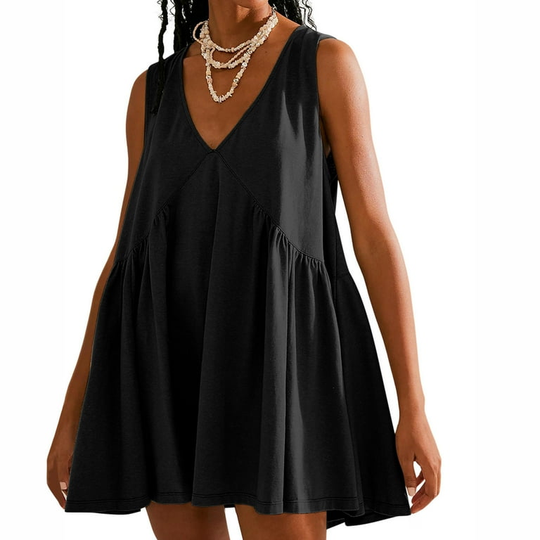 Htigea Women's Sleeveless Mini Dress Summer V Neck Babydoll Dress Baggy  Pleated Swing Flowy Sundress Soft Comfy Homewear Black,S - Walmart.com