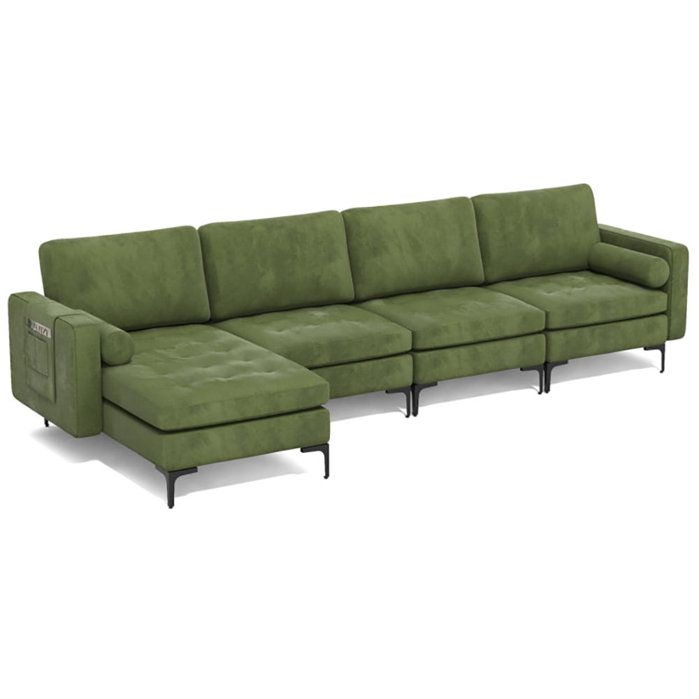 Finihen L-Shaped Sectional Sofa Couch, Sofa Bed, Modular L-shaped 4-Seat Sectional Sofa with Reversible Chaise and 2 USB Ports, for Living Room, Army Green Finihen L-Shaped Sectional Sofa Couch, Sofa Bed, Modular L-shaped 4-Seat Sectional Sofa with Reversible Chaise and 2 USB Ports, for Living Room, Army Green