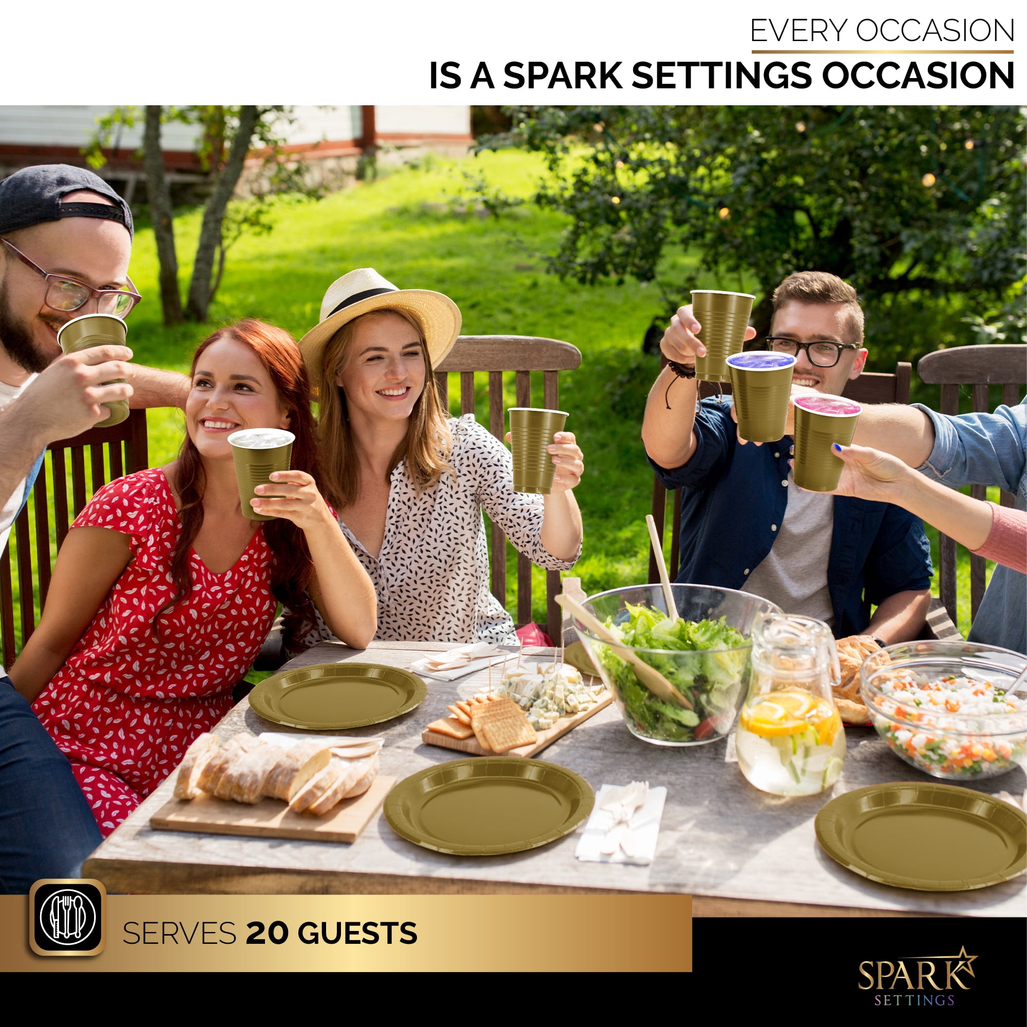 Gold Party Supplies Set Paper Plates Plastic Cups Forks Knives Spoons Napkins Tablecloth Serves 20 Guests Disposable Dinnerware Set of 222 Pieces, Complete Tableware for Party - By SparkSettings