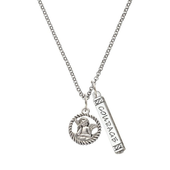 Delight Jewelry Silvertone Raphael Angel in Rope Wreath Silvertone Courage Strength Wisdom Honesty Bar Charm Necklace, 23"