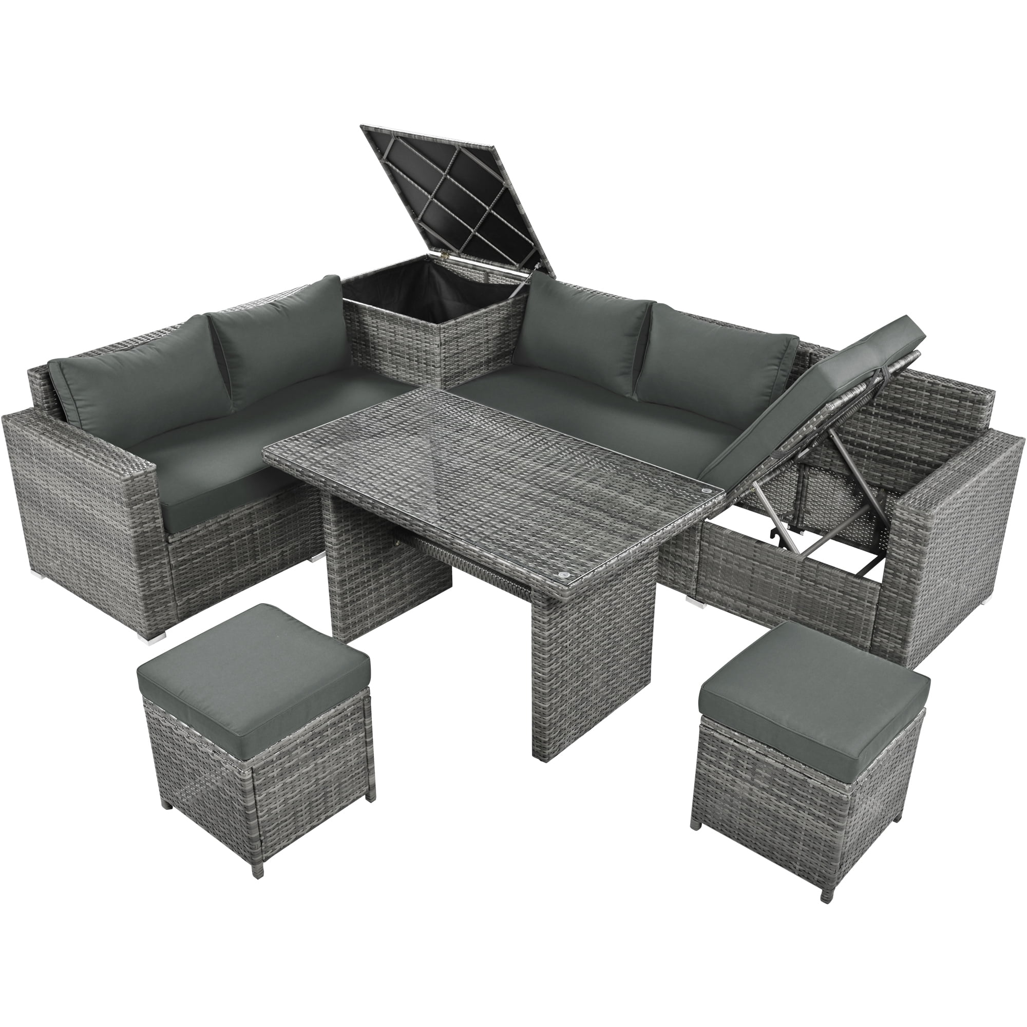 Euroco 6-Piece All Weather Outdoor Rattan Sofa Set, Patio Wicker Sectional Furniture Set with Glass Top Table, Storage Box, for 7 Persons, Gray