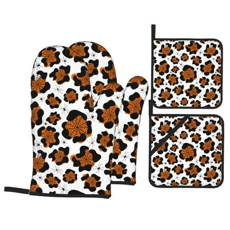 

Oven Mitts and Pot Holders Sets 4 pcs spiders web halloween Non-Slip Oven Gloves Potholders Soft Quilted Lining Heat Resistant Gloves Hot Pads for Kitchen Cooking Baking