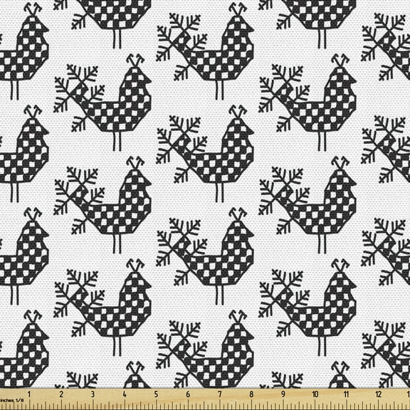 Ambesonne Bird Fabric by the Yard Upholstery, Russian Folk Squared Rooster, 10 Yards, Charcoal Grey and White