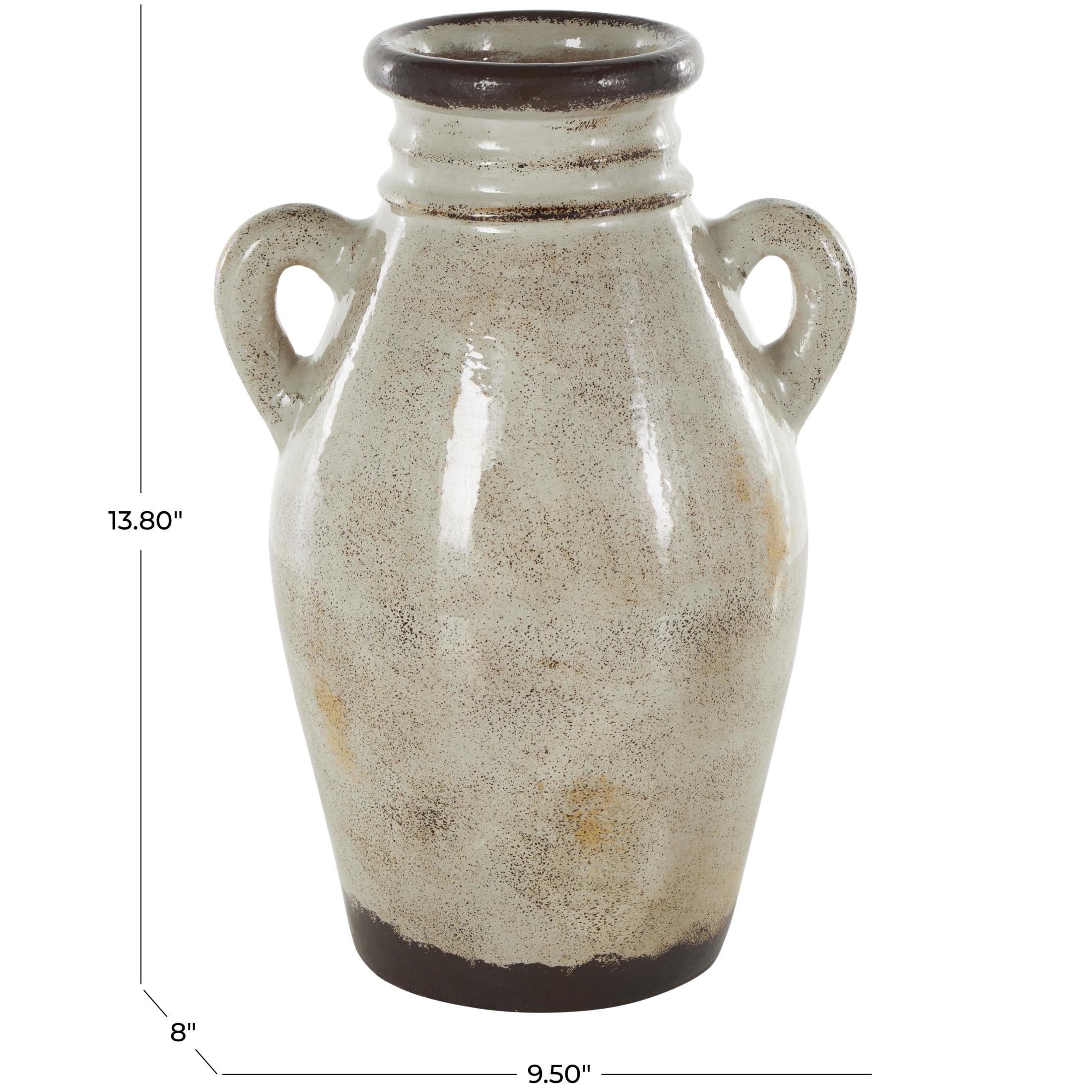 DecMode 14" Antique Amphora Cream Ceramic Vase with Speckled Texturing and Yellow and Brown Accents
