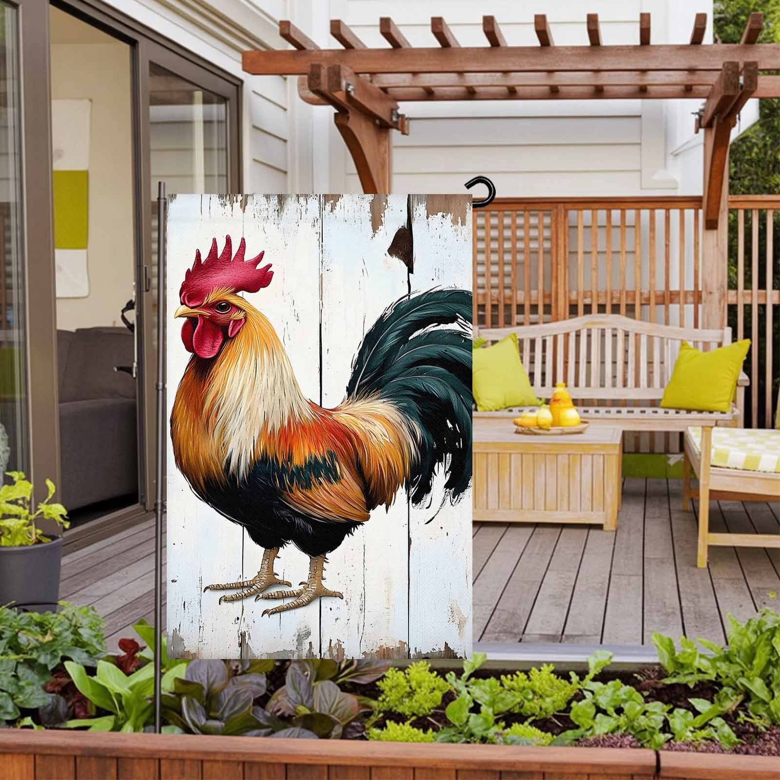 Garden Flag Double-Side Printed House Flag Vintage Rooster Yard Flag White Wood Grain Welcome Banner Decor Outdoor Holiday Decorations 28*40in