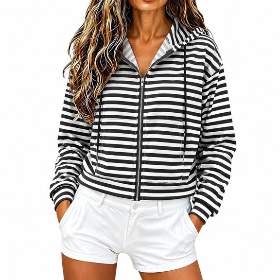 MaFYtyTPR Women's Striped Cropped Jackets Zip Up Hoodie Long Sleeve Casual Sweatshirt with Pockets Fashion Fall Short Coats Black L