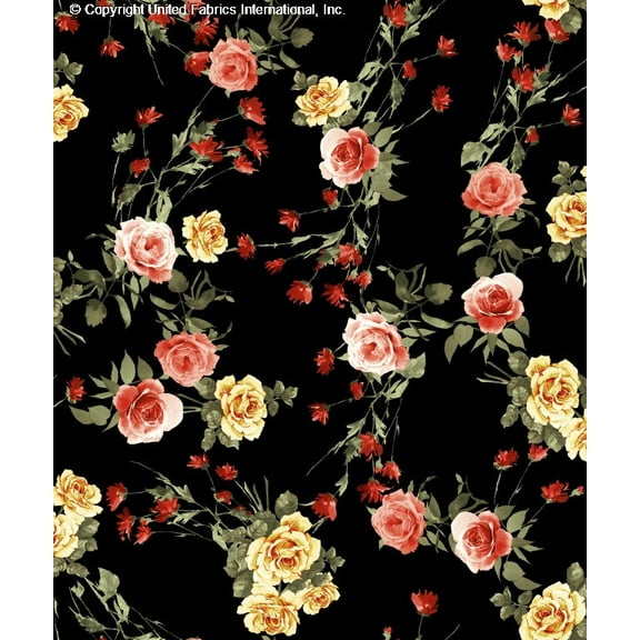 Crepe Techno Printed Rima Floral Fabric - Stretch Crepe for Prom Dress Fabric (BLACK/RED/SAGE, HalfaYard)