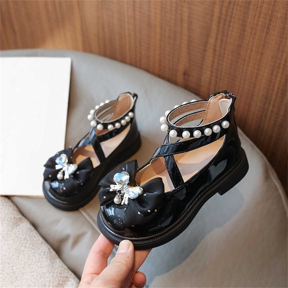 Girls' Lace Bow Pearl Decor Flat Shoes, Soft Sole Casual Mary Janes, Suitable for Daily School Matching, Weekend Trips and Casual Party Activities Black a 4.5-5 Years