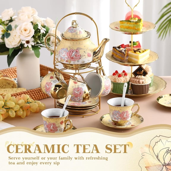 21pcs Porcelain Teapot Parties Set with Metal Holder and Cupcake Stand Ceramic Tea Pot Cups Saucers Cupcake Tier Tower for Women Girls European Parties Weddings Gifts(Yellow,Fall)