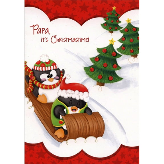 Designer Greetings Two Cute Penguins Riding Sled Down Hill Juvenile Papa Christmas Card from Young Child : Kid