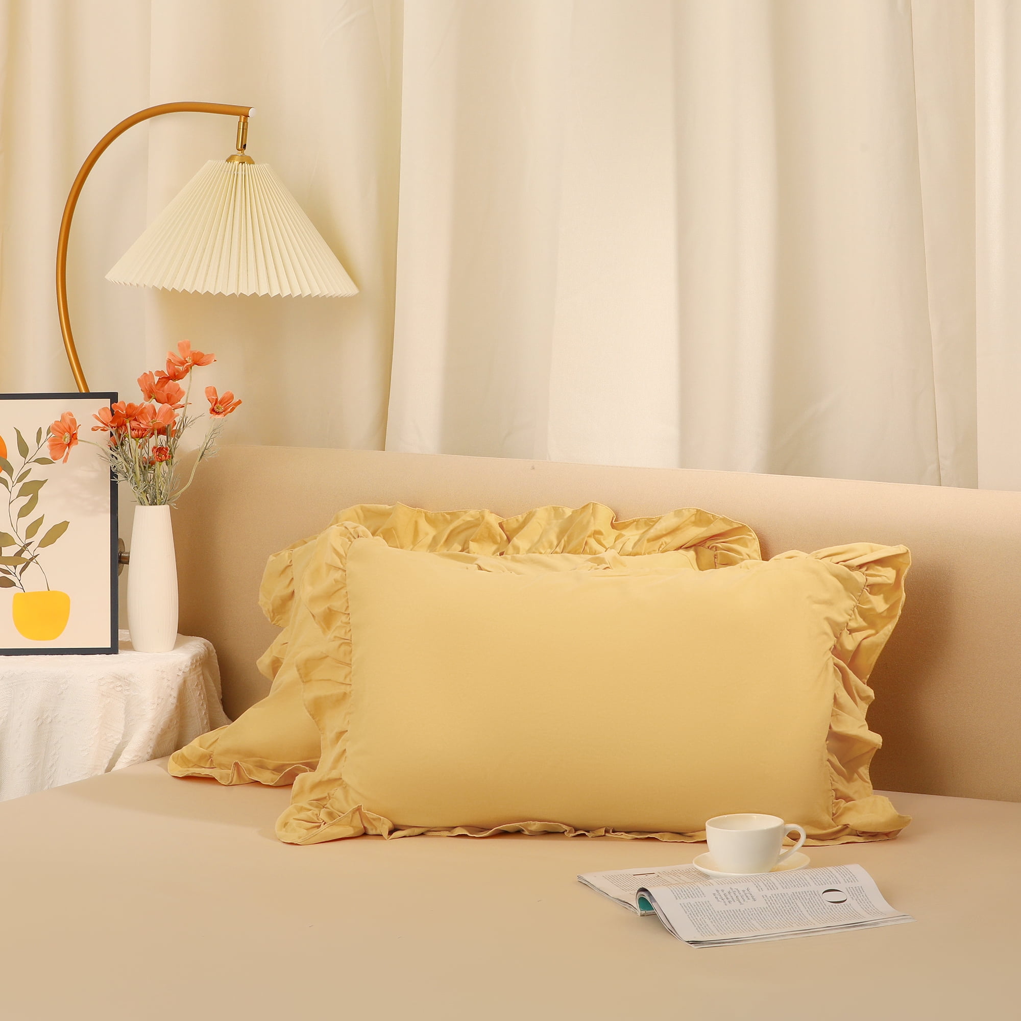 Unique Bargains Set of 2  Single Layer Ruffled Envelope Closure Pillow Shams Queen Yellow