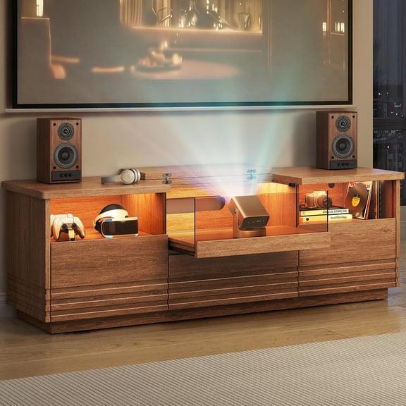 Fluted TV Stand with LED, Mid-Century Modern TV Cabinet, Brown | Walnut Entertainment Center, Media Console, Drawers Storage, Ultra-Short Throw Projector Platform