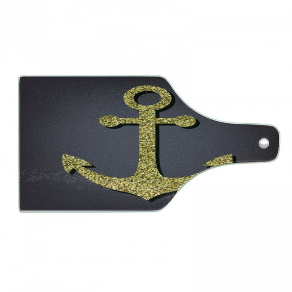 Anchor Cutting Board, Marine Pattern Tranquility Peacefulness Display Nautical Marine Print, Decorative Tempered Glass Cutting and Serving Board, Wine Bottle Shape, Plum Yellow, by Ambesonne