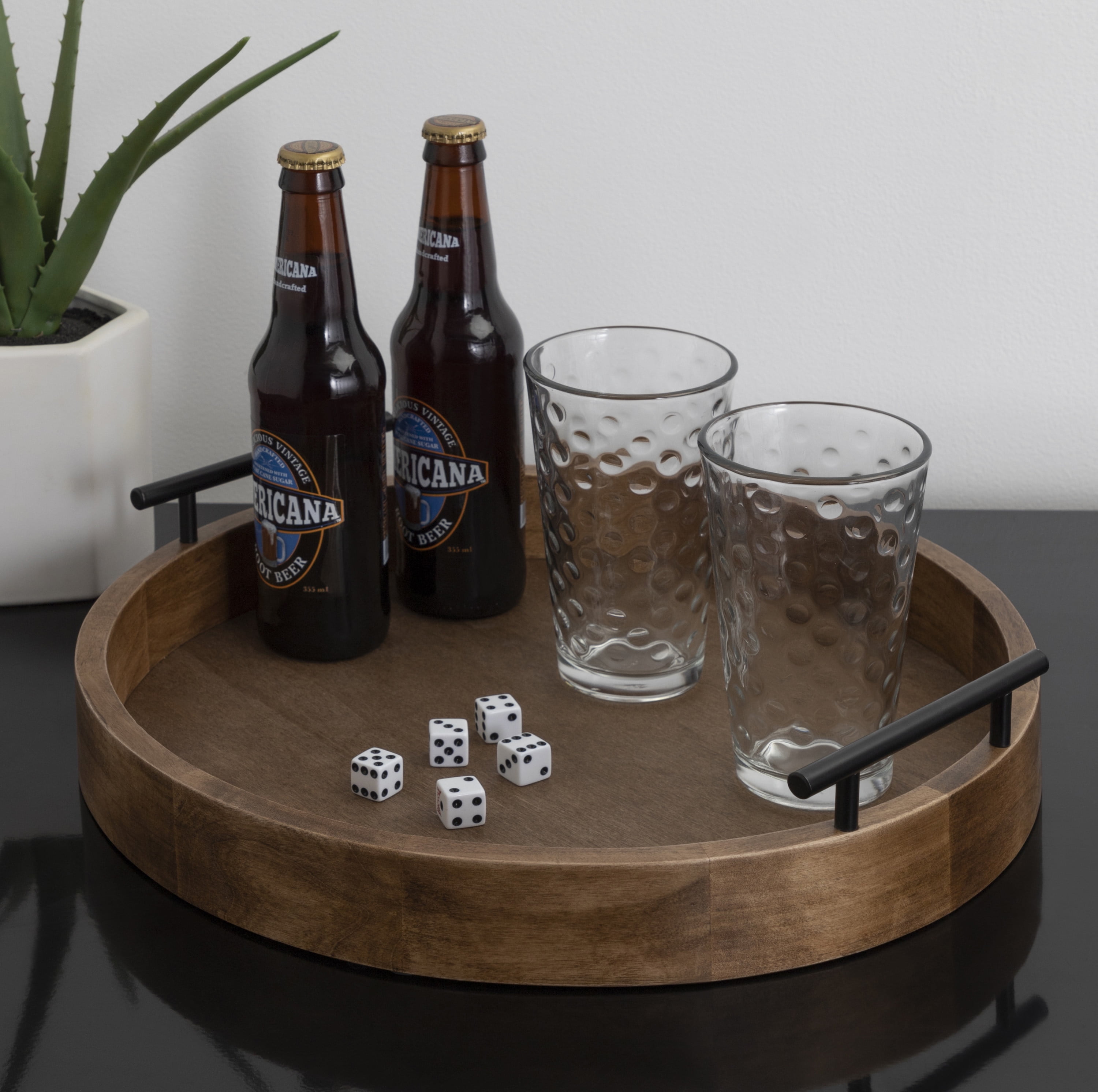 Kate and Laurel Lipton Modern Round Wood Tray, 15.5" Diameter, Rustic Brown with Black Handles, Decorative Accent Tray for Storage and Display