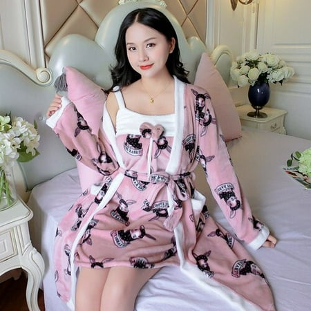 

DanceeMangoo 2 Pcs Warm Flannel Robe Set Winter Floral Robe Thicken Sexy Nightgowns Bathrobe Women Pajamas Bath Flannel Robe Sleepwear Womens
