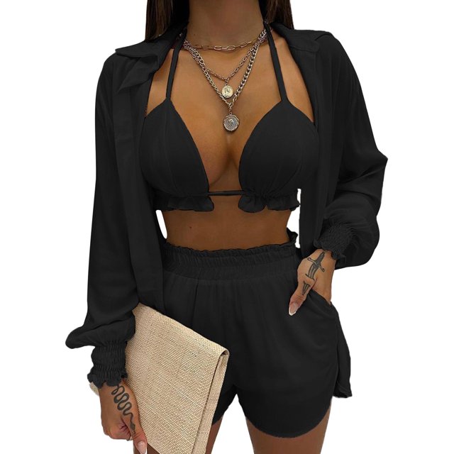 Txlixc Blusa de cuello de solapa de manga larga + pantalones cortos + chaleco de cuello colgante Txlixc moda