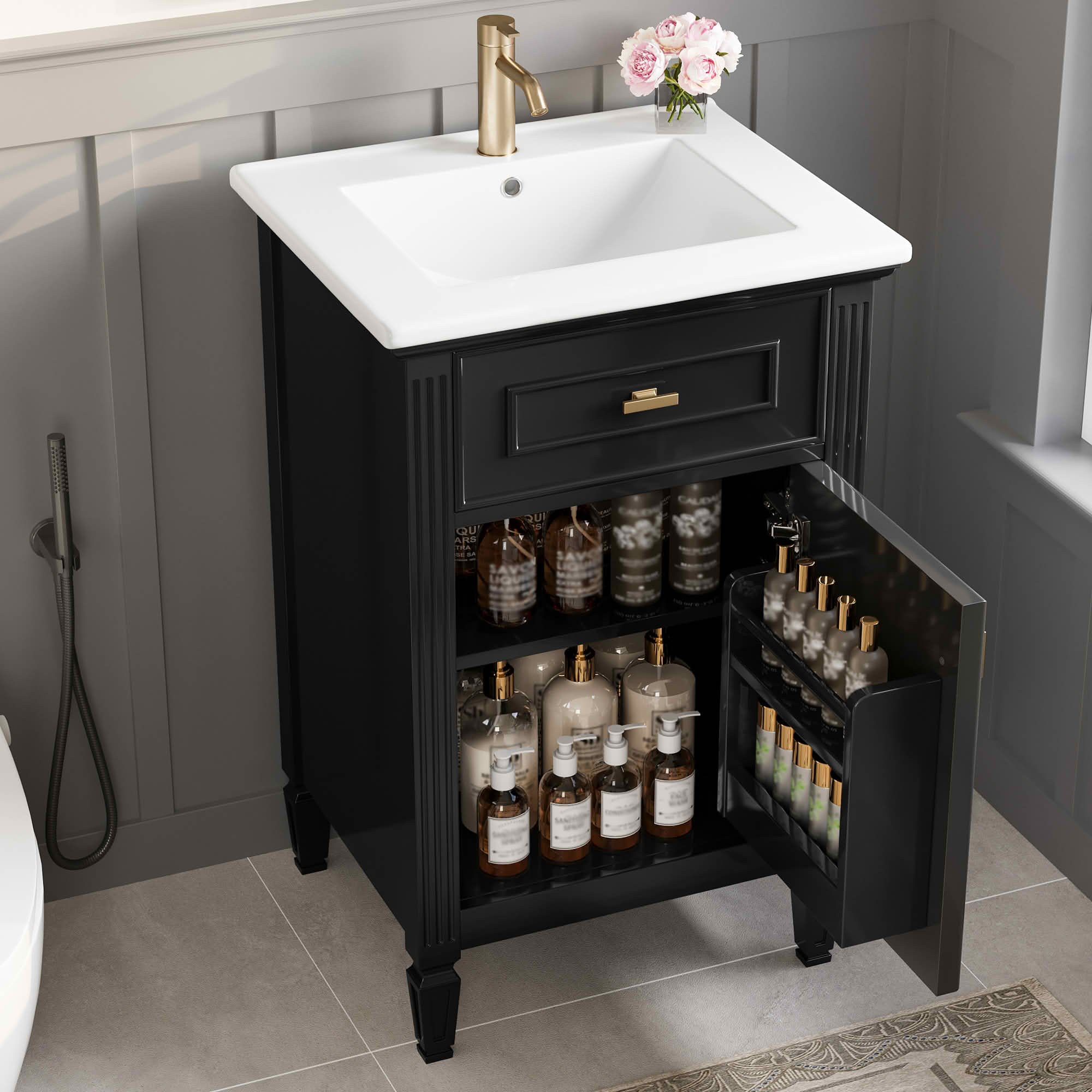 MAYEERTY 20-Inch Bathroom Vanity with Sink, Solid Wood Legs Adjustable Shelf Tilt-Out Drawer Zinc Alloy Knobs, Modern Freestanding Small Bathroom, Black