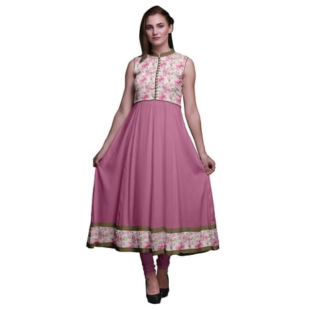 Bimba Pale Pink Floral Indian Long Kurti For Women Party Wear Printed Sleeveless Anarkali Kurti Dress XXX-Large