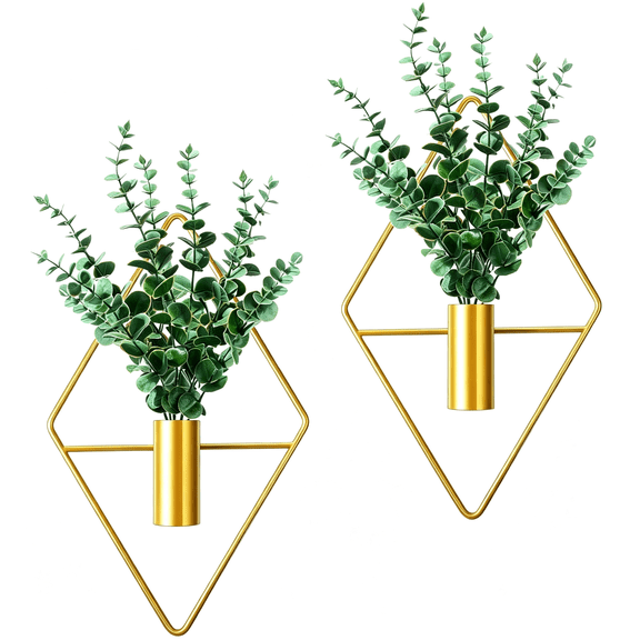XIBUFE 2 Pieces Gold Wall Decor Hanging Planters with Artificial Plants Metal Vase Indoor Plants Holder Modern Geometric Wall Art for Home Bathroom Bedroom Living Room Office(Eucalyptus,Medium)