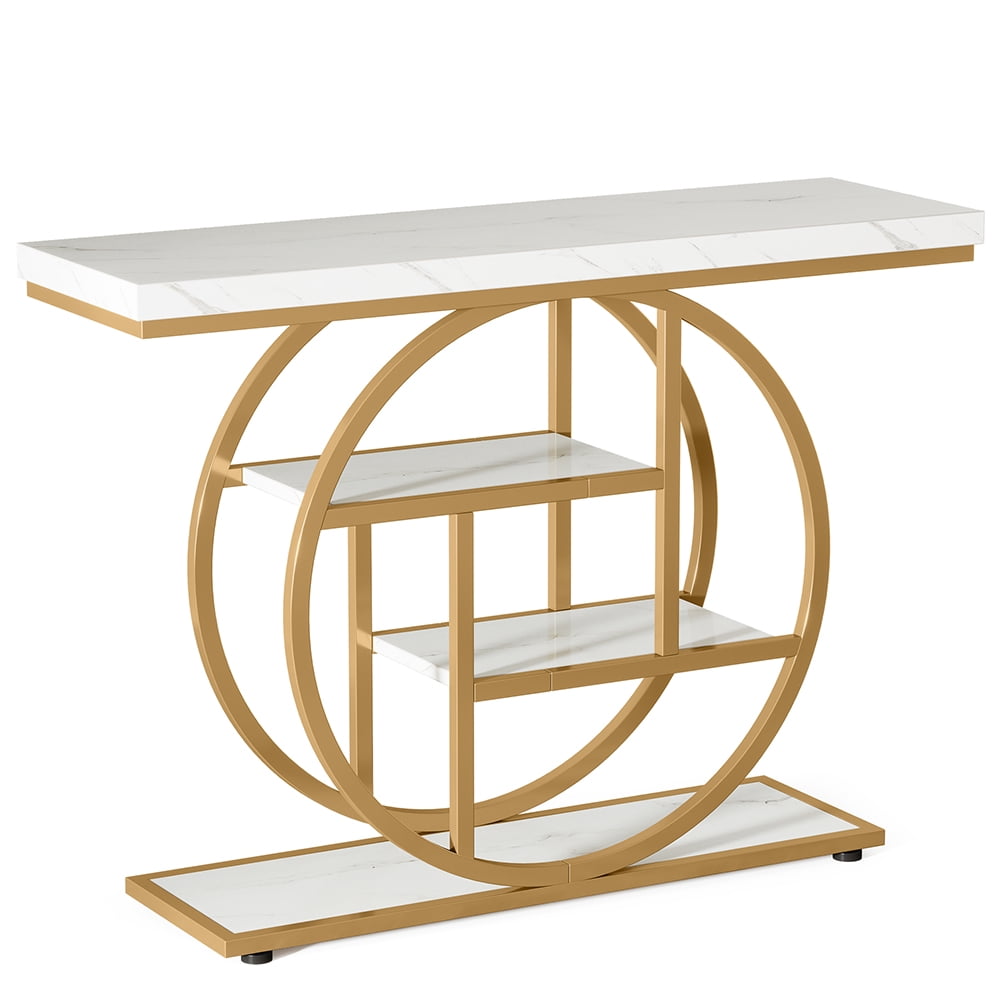 Spaco 41.3" Console Table with 1.57" Thick Tabletop, Industrial 4-Tier Sofa Entryway Table with Circle Base, White