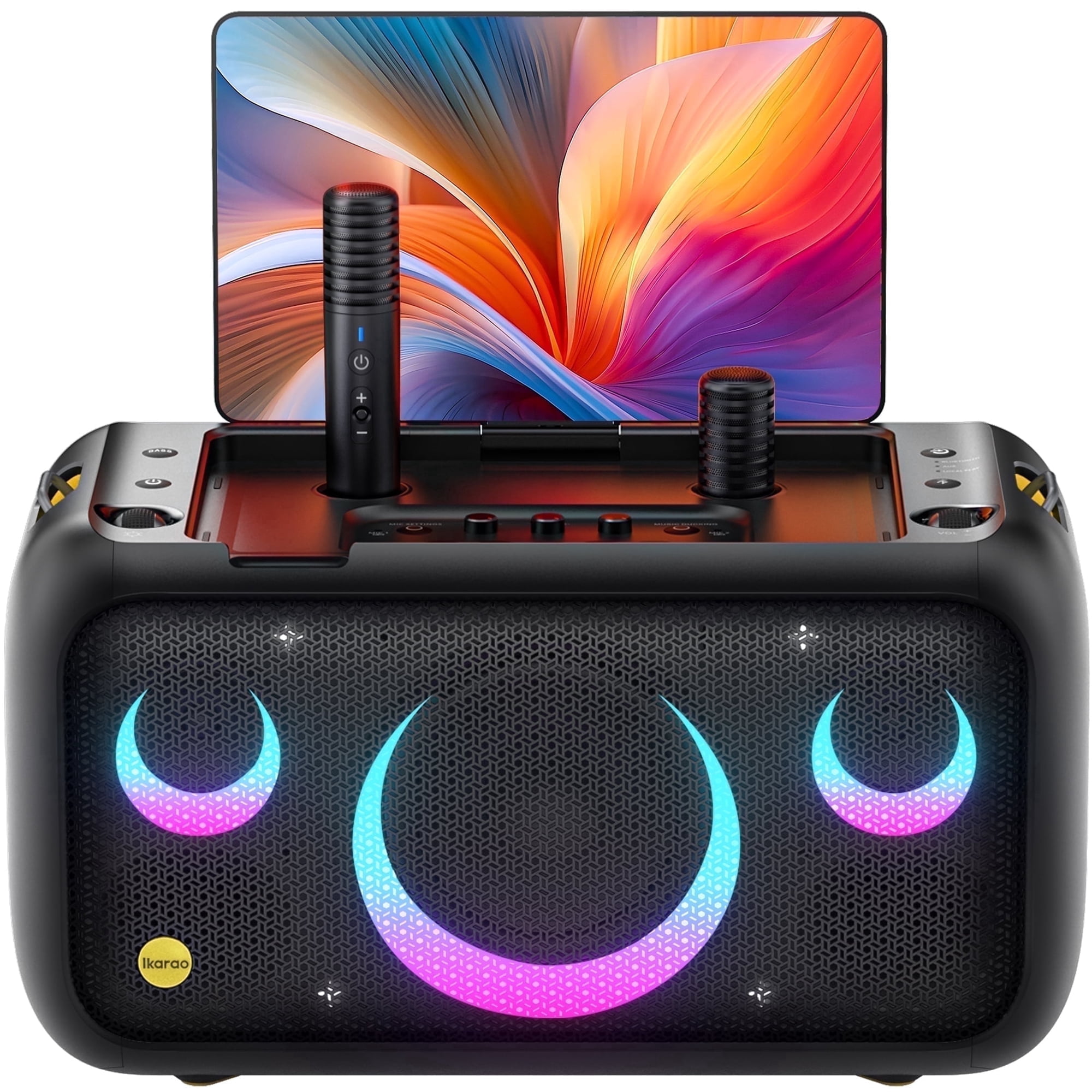 Ikarao Karaoke Machine for Adults, Built-in 13.3-inch Screen, Portable Bluetooth Speaker with 2 Wireless Mics for TV, Music Party