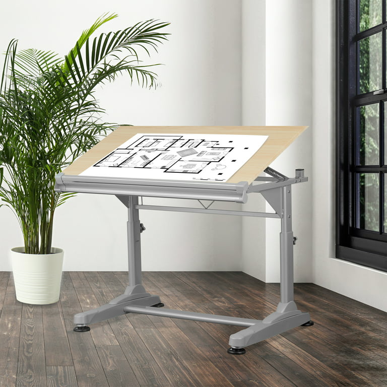 Stand Up Desk Store Height Adjustable Drawing and Drafting Table with 39.2 W x 27.5 D Surface, Silver Frame with Birch Top