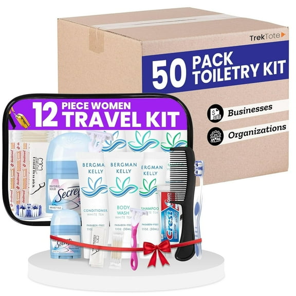 Trektote Bulk Hygiene Kit For Women – (50 Pack) 12 Piece Set Of Travel Size Toiletries, TSA Compliant, Bulk Travel Essentials, Includes Shampoo And Conditioner, Body Wash, Toiletry Bag & More