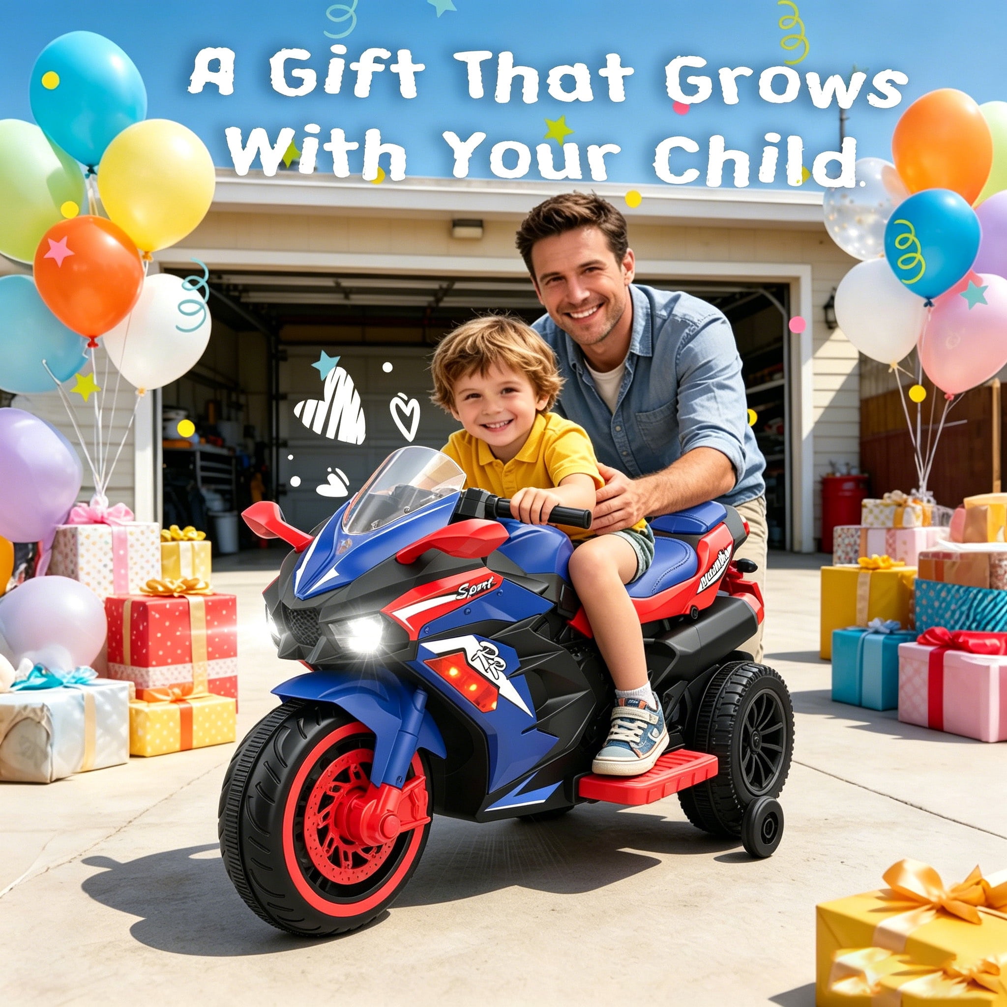 HNH 12V Ride on Motorcycle, Kids Motorcycle with Remote Control, Music, Bluetooth, Lights，Electric Motorcycle for Boys Girls