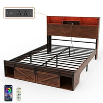 Wood Full Bed Frame with Headboard & Storage Shelf, Holaki Farmhouse Full Size Platform Bed Frame with Charging Station & LED Lights, No Box Spring Needed, Easy Assembly, Dark Brown