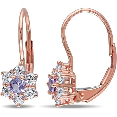 Tangelo 1 Carat T.G.W. Tanzanite and White Sapphire 10kt Rose Gold Flower Halo Leverback Earrings