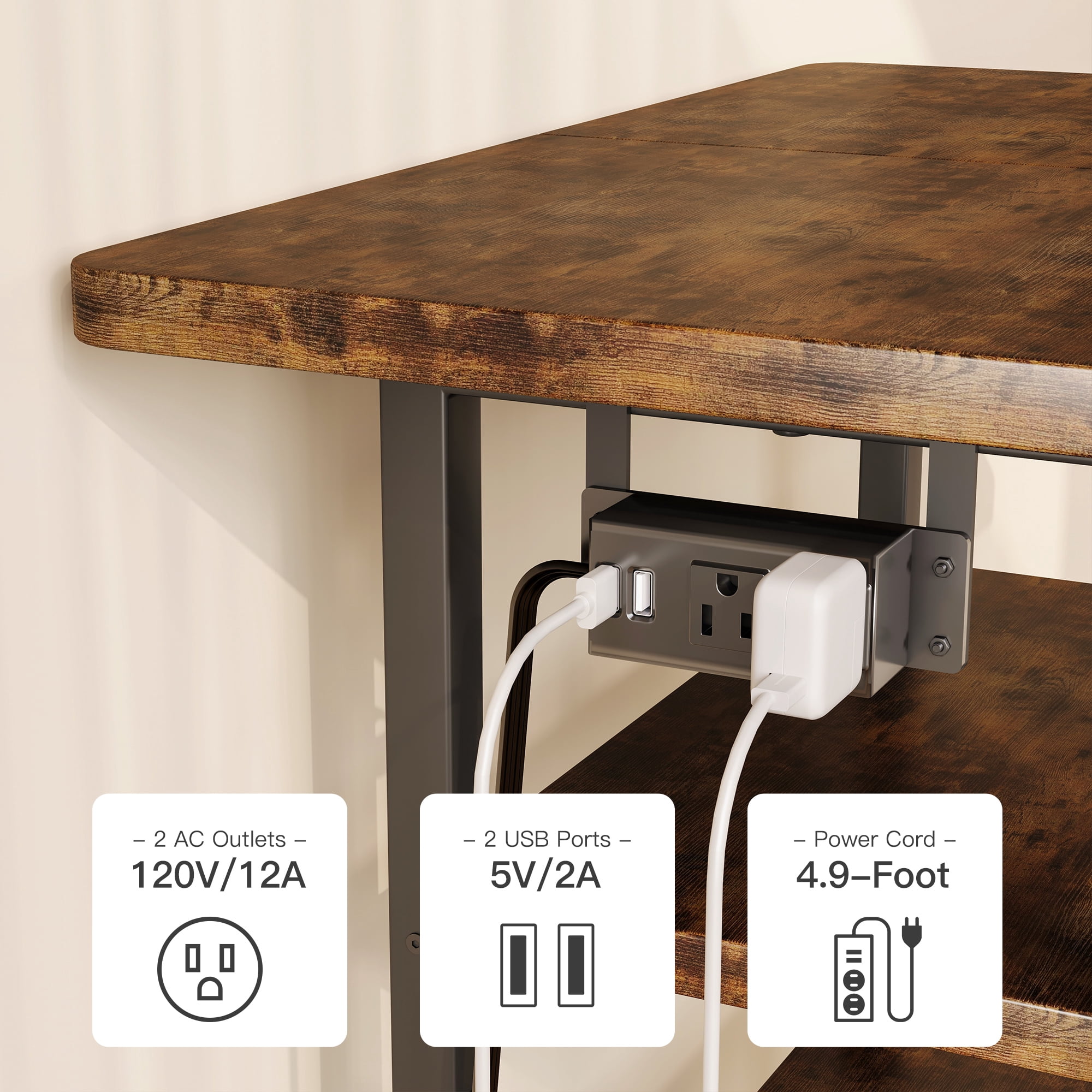 Homeiju 4-Tier AV Media Stand with Power Outlet, Wooden Record Player Stand, Entertainment Center with Storage Shelves, Stereo Stand DVD Stand for Bedroom, Living Room, Brown