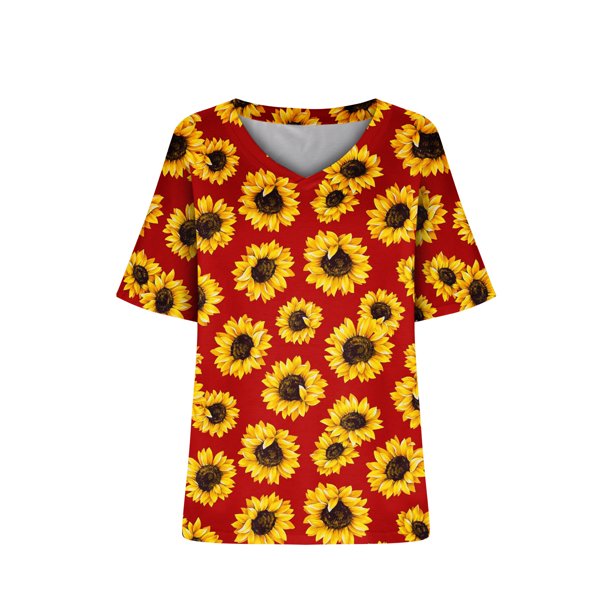 Camiseta de manga corta plisada elástica con cuello en V y estampado floral de talla grande para mujer OAVQHLG3B Store lin121212