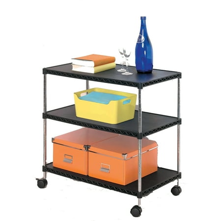 Adjustable 3-Tier Shelf Rack with Plastic Shelves, Metal Legs, and Rolling Wheels - Easy Assembly