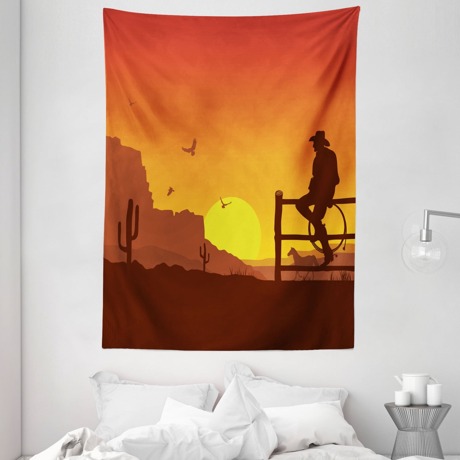 Western Decor Wall Hanging Tapestry, Silhouette of Cowboy in Wild West