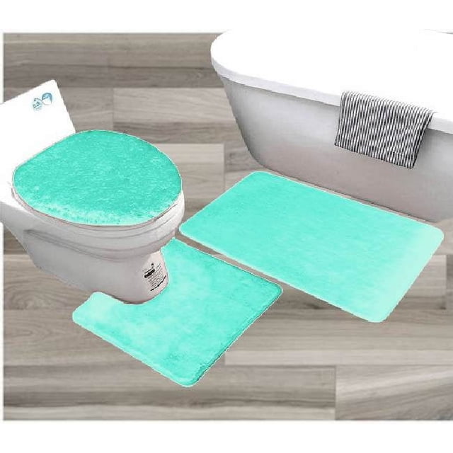 Juego de 3 alfombras decorativas para baño color verde menta BS#6, alfombra grande de chenilla peluda, tapete de contorno y tapa de inodoro con respaldo de goma antideslizante.