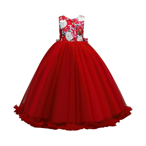 URMAGIC 4-14 Years Girls Sleeveless Floral Bridesmaid Dress Kids 3D Bow Princess Pageant Lace Prom Ball Gown Formal Maxi Dress