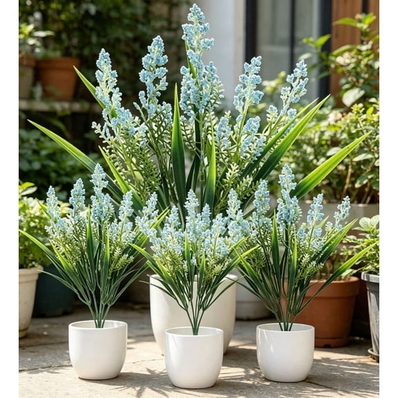 Artificial Plants Outdoor,Fake Flowers, UV Resistant Fake Lavender & Monkey Grass,Realistic Plastic Faux Plants for Balcony, Patio, Porch Greenery Decor, Planter Filler,1 Bundle Blue