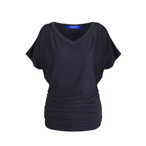 BAIEBLEUE GLOBAL 2204 Women's Solid Short Sleeve V Neck Dolman Top with Side Shirring Navy 3X