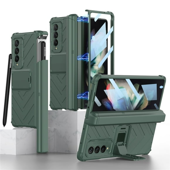 SaniMore for Samsung Galaxy Z Fold 3 Tempered Glass Screen Case, Rugged PC Case with Pen Holder Adjustable Kickstand Wireless Charging Shockproof Protective Case for Samsung Z Fold 3, Darkgreen