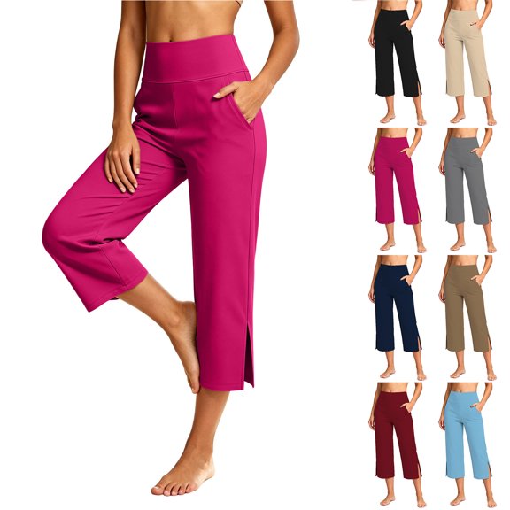 Bloomae Capri Pants for Women Elastic High Waisted Workout Yoga Capris Leggings Side Slit Straight Leg Athletic Cropped Pants with Pockets