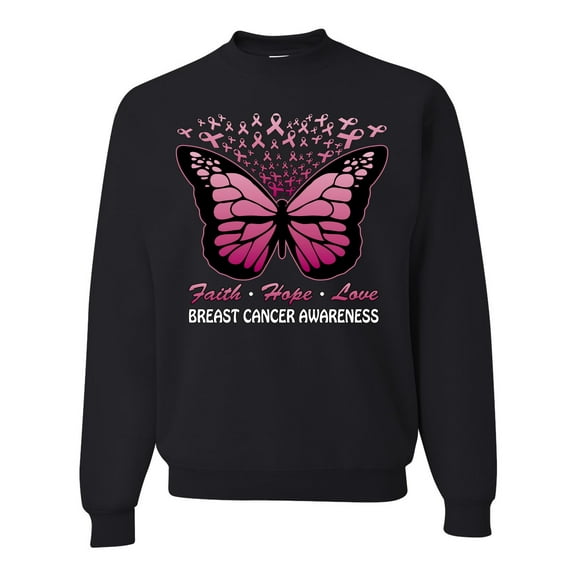 Wild Bobby Faith Hope Love Butterfly Ribbons Breast Cancer Awareness Unisex Crewneck Sweatshirt, Black, Small