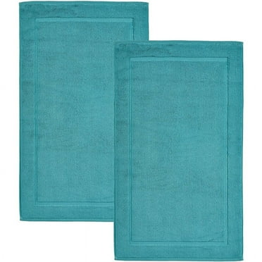 Hawmam Linen Teal Turquoise Bath Mats, 21 x 34 inches, Pack of 2 - 100% Ring Spun Cotton, Banded Design, Highly Absorbent, Machine Washable for Bathroom Floor