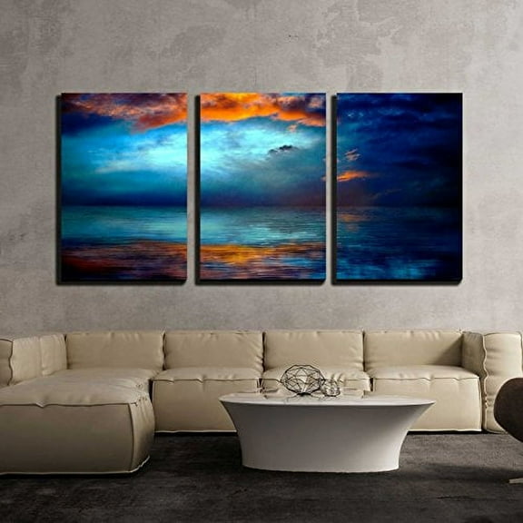 wall26 - 3 Piece Canvas Wall Art - Dramatc Sunset Sky Over Water - Modern Home Art Stretched and Framed Ready to Hang - 16"x24"x3 Panels