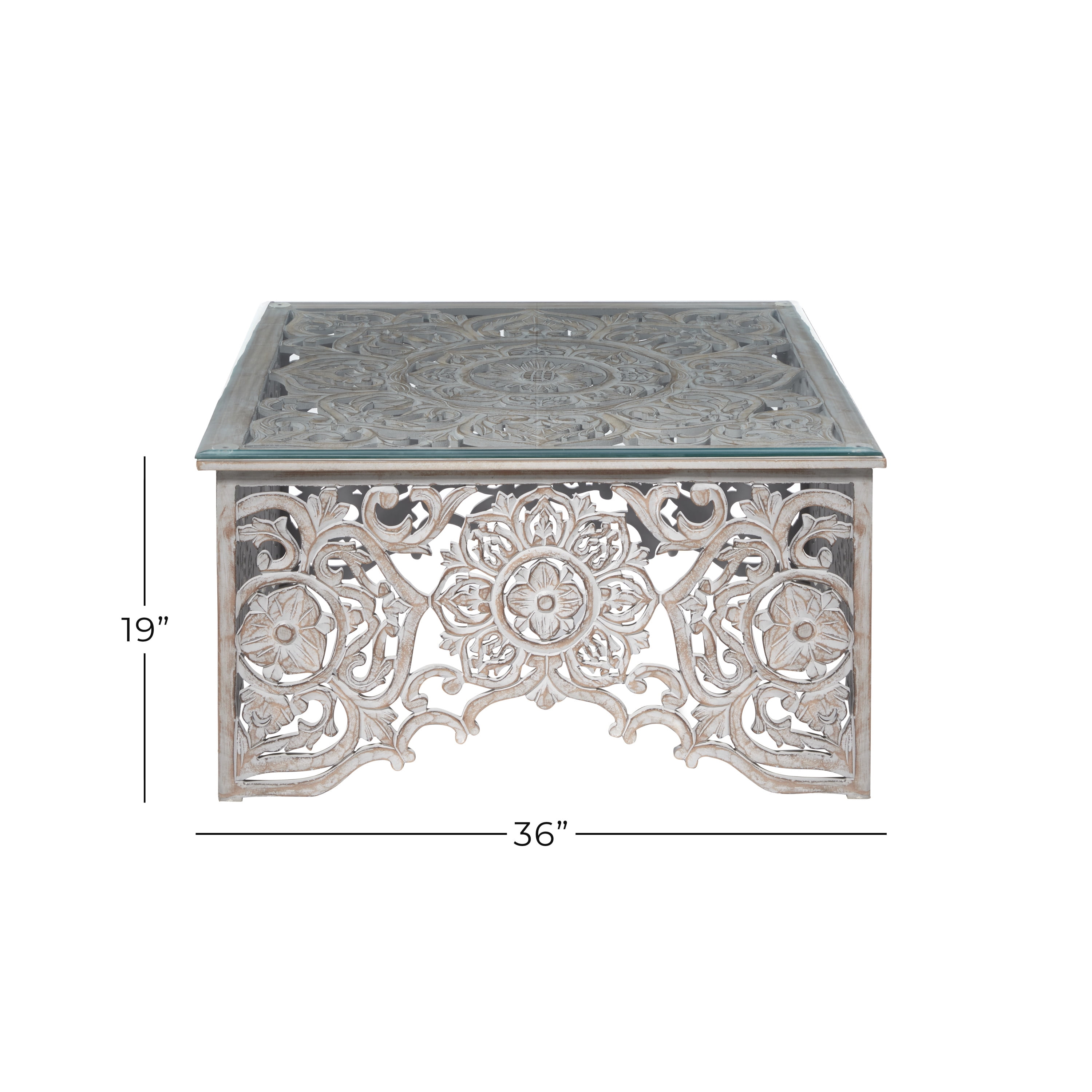 DecMode 36" x 19" White Wood Handmade Intricately Carved Floral Coffee Table with Clear Glass Top, 1-Piece